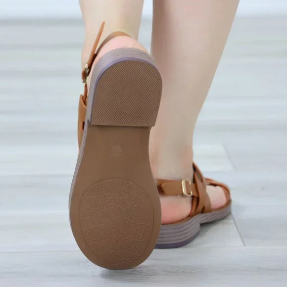 Tan Strappy Trendy Flat Gladiator Comfort Sandal Slip On Sliders - Picture 12 of 12